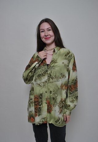 ABSTRACT PATTERN BLOUSE, VINTAGE HIPSTER BUTTON UP SHIRT