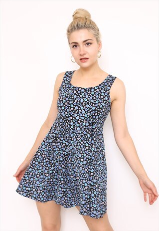 VINTAGE 90S BLUE FLORAL PRINT MINI DRESS