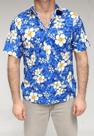 HAWAIIAN FLORAL PRINT SHIRT- BLUE