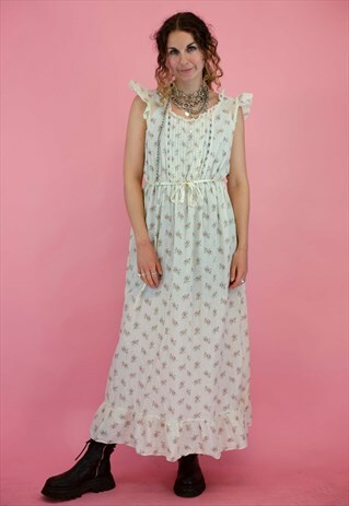 VINTAGE 70'S COTTON MAXI DRESS WITH FRILL HEM AND SLEEVES