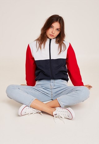 SUBDUED RED, WHITE AND BLUE COLORBLOCK JACKET