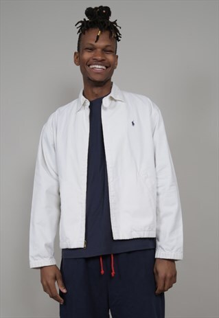 VINTAGE 90'S POLO RALPH LAUREN WHITE DENIM BOMBER JACKET