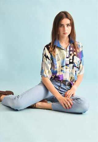 90'S RETRO FESTIVAL ABSTRACT PRINT OVERSIZED DADS BLOUSE TOP