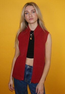 Vintage Y2K Ralph Lauren Red Full Zip Cotton Knit Vest, M
