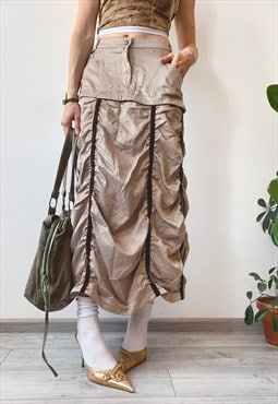 Vintage Y2K 00's Beige Shiny Creased Mermaid Maxi Skirt