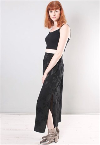 VINTAGE 90S BLACK FLORAL SATIN SLIT MAXI SKIRT