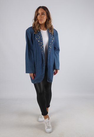 VINTAGE DENIM BLAZER JACKET OVERSIZED LONGLINE UK 18 (HDB)