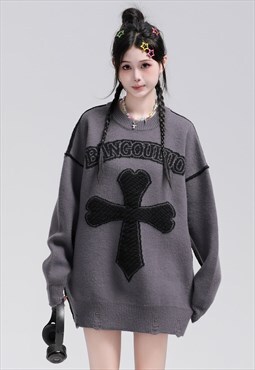 Patchwork sweater knitted cross jumper Gothic top in grey