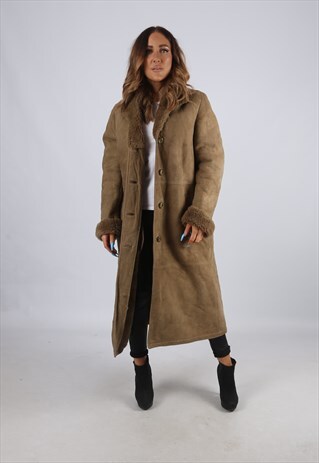 VINTAGE SHEEPSKIN SUEDE SHEARLING COAT LONG UK L 14 (J2B)