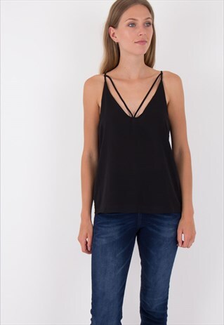 BLACK PLUNGE V NECK STRAP DETAILS SLEEVELESS CAMI TOP VEST