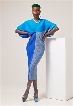 KRNOV Blue Plisse Loose Elegant French Dress Plus Size