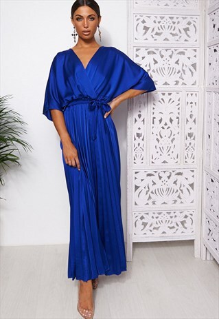 BLUE CAPE SLEEVE SATIN MAXI DRESS