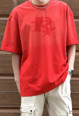 RED WASHED GRAPHIC COTTON OVERSIZED T SHIRT TEE