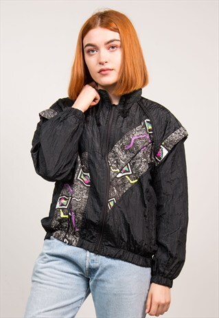 90'S VINTAGE BLACK CRAZY PATTERN SHELLSUIT TRACKSUIT JACKET