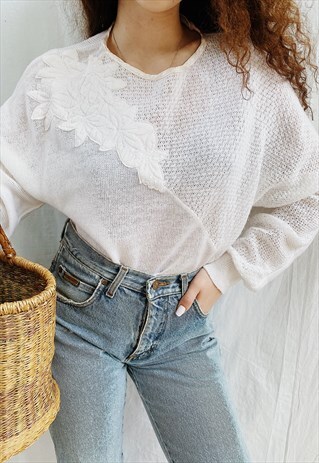 VINTAGE 80S MILKMAID FLORAL APPLIQUE KNITTED JUMPER SWEATER