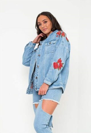 BOYFRIEND STONEWASH ROSE EMBROIDERED DENIM JACKET