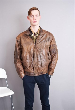 80'S RETRO BROWN GENUINE LEATHER BOMBER BIKER JACKET TOP