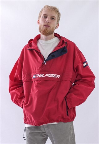 VINTAGE MENS TOMMY HILFIGER BIG LOGO ANORAK HALF ZIP JACKET