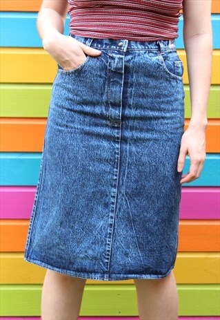 VINTAGE 90'S DARK BLUE ACID WASHED SUMMER DENIM MIDI SKIRT