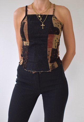 VINTAGE 90S Y2K DENIM AND MESH BODICE-STYLE TOP