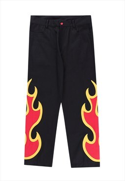 Flame patch jeans straight fit fire denim pants in black