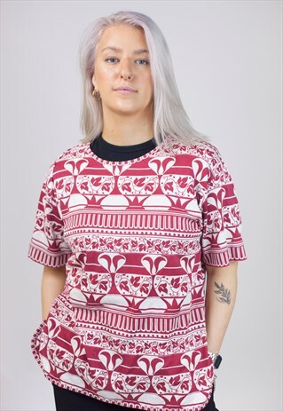 VINTAGE 90S VALENTINO RED AND WHITE PATTERNED T-SHIRT