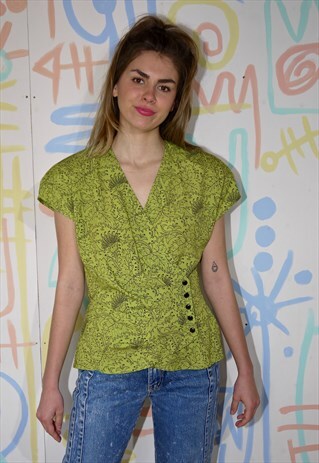 TOP, SHIRT, VINTAGE 80S, LIME GREEN, BLACK PAISLEY PRINT