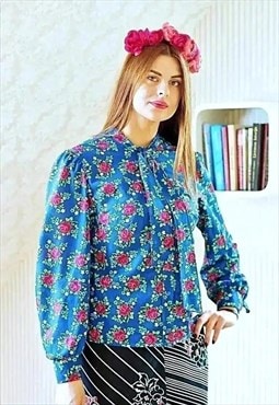 Blue floral vintage blouse with neck tie