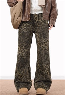 Leopard jeans animal print denim pants glam rock pants brown