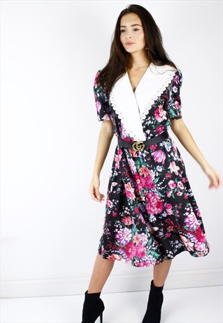 VINTAGE 80'S BLACK & PINK FLORAL WHITE LACE COLLAR DRESS