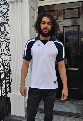 WHITE AND NAVY CHAMPION POLO TOP