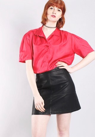 VINTAGE 80S RED SATIN PUFF SLEEVE BLOUSE