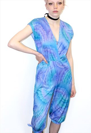 VINTAGE 80S HIPSTER BOHO AZTEC PRINT VNECK JUMPSUIT FESTIVAL