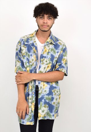 VINTAGE 90S BLUE/YELLOW HAWAIIAN PRINT SHIRT