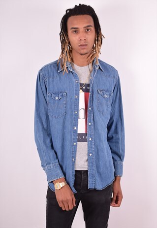WRANGLER MENS VINTAGE DENIM SHIRT LARGE BLUE 90S