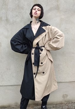 Contrast colour stitched trench coat asymmetric mac in cream