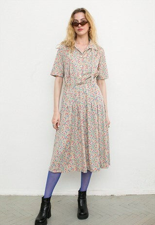 VINTAGE BEIGE PATTERN 80S BUTTON UP SHIRT MIDI DRESS