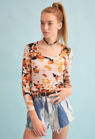 90'S RETRO ABSTRACT FLORAL PRINT KITSCH MESH TEEN PARTY TOP