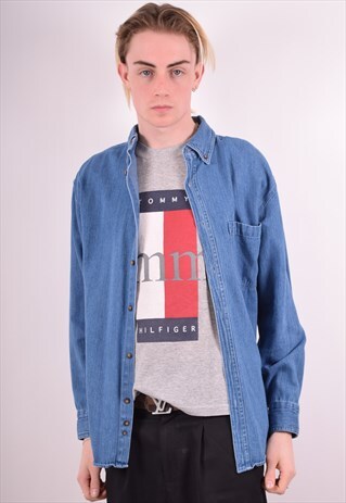 MENS VINTAGE DENIM SHIRT LARGE BLUE 90S