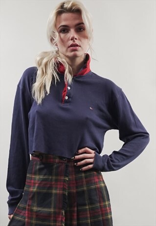VINTAGE 90'S TOMMY HILFIGER REWORKED NAVY CROP POLO TOP