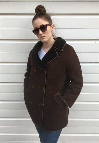 WOMENS VINTAGE BROWN REAL SHEEPSKIN SHERPA MIDI COAT