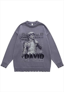 David statue sweater ripped jumper grunge knitted top grey