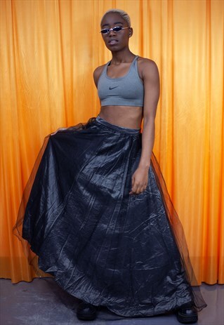 VINTAGE 80S TULLE MAXI SKIRT BLACK GREY SATIN PARTY