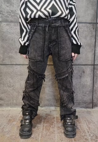 Raw finish jeans distress reworded denim overalls in black