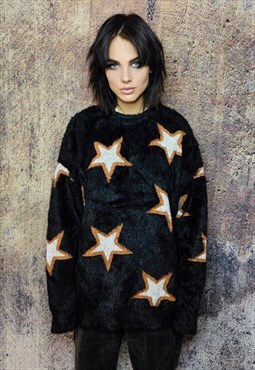 Fluffy sweater premium jacquard retro star jumper in black