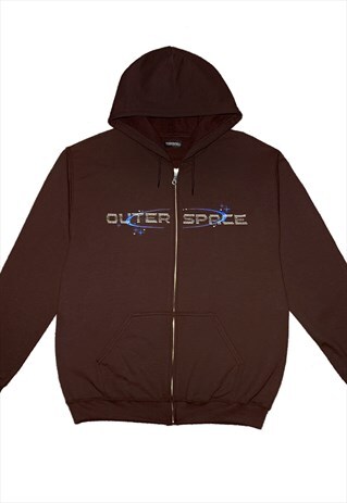 OUTER SPACE EMBROIDERED RHINESTONES ZIPPED HOODIE IN BROWN