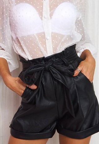 BLACK FAUX LEATHER PAPERBAG TIE WAIST SHORTS