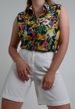 Vintage button through vest in multicolor abstract flowers