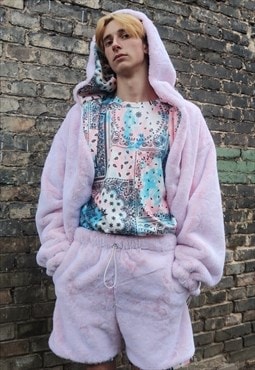 Pastel fleece shorts handmade gradient fur overalls in pink