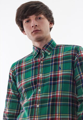 VINTAGE POLO RALPH LAUREN 90S GREEN BLUE CHECKED LONG SLEEVE